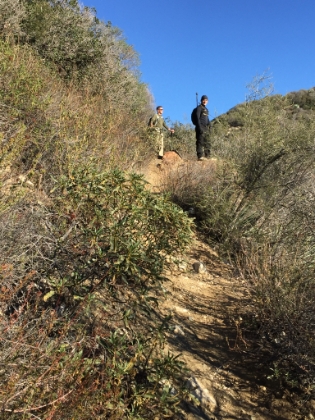 Dad's shot of us as he powers up the slope.
