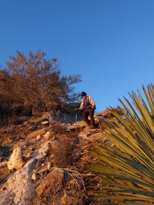 Dad making his way down the technical trail in the pink light of sunset. This dowhill is defnitely a quad buster!