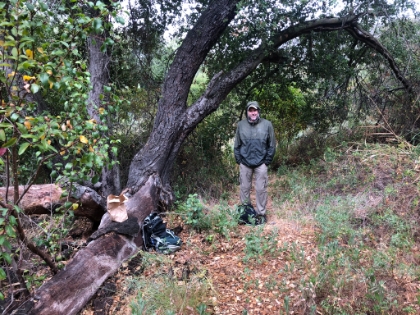 Our lunch spot. It's getting uncomfortably cold standing still while sopping wet in the light rain.
