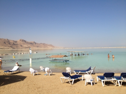 There are several resorts along the Southern end of the Dead Sea, which is over 31 miles long. The border between Israel and Jordan runs right down the middle of the Sea. Here you can see a ramp where we walked out into the Sea and then floated around for a while. You pretty much can't swim because it's so buoyant. And the slightest cut on your skin will sting like crazy!