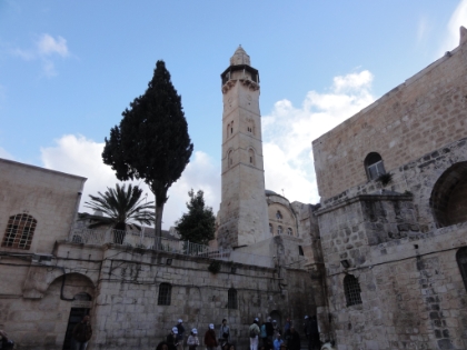 The steeple outside the church. Like much of the Old City, the church has been destroyed and rebuilt a number of times over the last 2,000 years. The primary goal for the knights of the First Crusade was to reclaim the church after one of the desctructions.