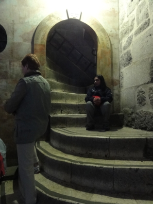 Entering the church, there are many steep staircases leading off from either side.