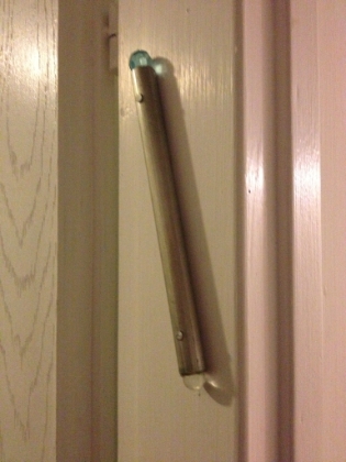 The mezuzah on one of the doors in my hotel room. A mezusah is a parchment scroll with a particular mitzvah (Biblical commandment) on it inside a cylinder. Some are more ornate than others. They exist on the right-side frame, in the upper-third, of EVERY door in Israel. Not just the main entry door, but every single doorway!