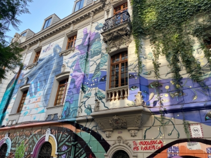 The building owners pay artists to use their building as a canvas. You'll notice there's also some less artistic graffiti, the result of political upheaval over the last several months.