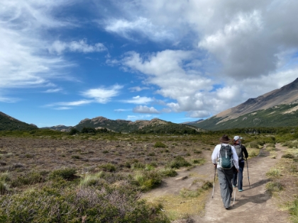 Crossing a meadow on our way to the foot of the glacial moraine, and the start of a steep hike up to Laguna de los Tres.