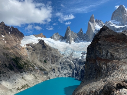 A closer look at the cascades and waterfalls draining into Laguna Sucia from the glacier above.