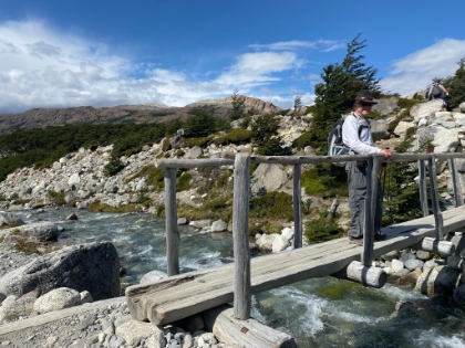 Heading down now and crossing El Rio Blanco. On the way down, we came across a ranger hiking up the steep trail with a kayak on his back. Evidently he was part of a rescue effort to bring back the bodies of two Czech mountaineers that had perished on Fitz Roy last year.