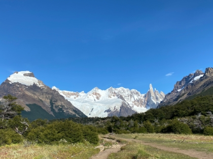Walking up the meadow with a great view of Glacier Grande and Cerro Torre.