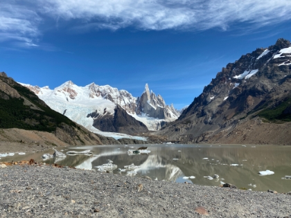 Walking down to lake level. Unlike Laguna de los Tres yesterday, Laguna Torre has small icebergs floating in it. Though it is a glacial lake, it's still a little surprising to see icebergs in the middle of summer.