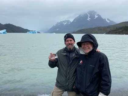 As we walk down the beach, we find some chunks of ice that have washed up to shore from the glacier.