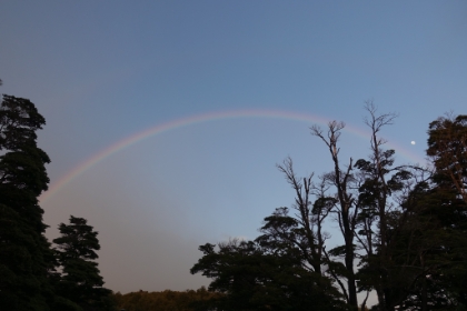 Up early for the next excursion. I'd be headed to the Base of the Towers lookout while Dad hiked Lazo Weber. Base of the Towers is the iconic trail of Torres del Paine National Park to the foot of the Torres del Paine massif. The morning started with a beautiful rainbow over Patagonia Camp while the moon was still out.