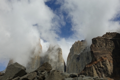 A zoomed in look at the Torres del Paine almost coming into full view. Like the hikes in El Chalt&eacute;n, the last mile or so of this one is a steep climb up a rocky moraine.
