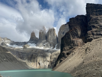 The weather never broke for a fully clear view of all three peaks, but the hanging clouds added to the ambiance. The peaks from left-to-right are Torres d'Agostini, Torres Central, and Torres Monzino.