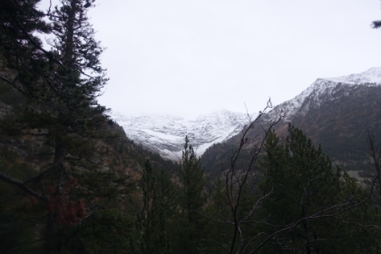 Heavy snow on a cirque in the distance. Cirques are semi-circular areas carved out by glaciers and are pretty common in the Pyrenees.