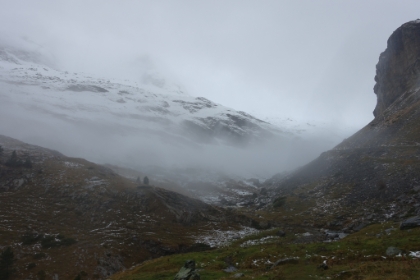 The trail veers off into a valley on the way to La Br&egrave;che de Roland, which is a famous break in the ridgeline at the top of the Pyrenees that marks the border between France and Spain. It's the only pass across the range in this area and has been a strategic military point for centuries. My goal is to get as close to it as possible given time and snow limitations.