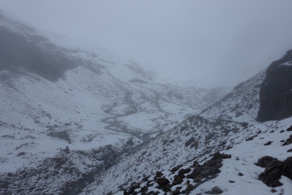 Getting into heavier snow and the trail is starting to get a little dicey. That's the trail along the narrow ledge on the right.