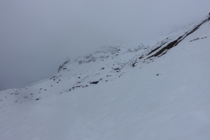 Some of the traverses are starting to get a little dicey given that I don't have my full snow gear. I have trekking poles, but no ice axe, so a slip in some places could be bad. I also only have my trail running shoes, so my feet are starting to get really cold. Fortunately I had decided to at least bring the waterproof version.