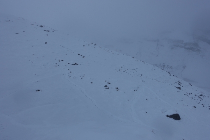 Heading back down now. You can actually see my footprints the whole way up the switchbacks. Not a single pair of prints other than mine!