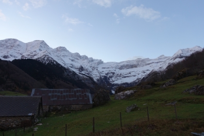 One more look a little closer to the cirque. There’s a trail that goes along the valley floor deep into the cirque. I’ll have to do that next time. You can see the vertical groove where the Grande Cascade de Gavarnie (Gavarnie Falls) normally flows when it’s not frozen. At 422m (1,385'), it's the tallest waterfall in mainland Europe (excluding Scandinavia).