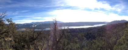 Panaroma view of the lake. The one patch of snowy area on the opposite shore is the Snow Summit ski resort with man made snow.