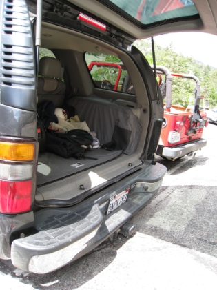 I made it back. Here's a look at my wonderful parking spot. I arrived a little later than planned and didn't get on the trail until a bit after 8am. I got the LAST spot in the parking lot, and it was barely a spot at all. I was parked on an embankment (apparently a legal spot, others were doing it, and no ticket) and my rear bumper was basically resting on the ground.