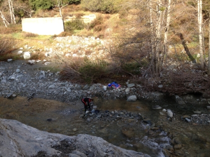 Modern day gold panning with wetsuit and fancy equipment. Turns out this is a popular spot for panning for gold. The parking lot at the trailhead was full, and only some of the cars were for hikers. This is defintely a trail to do really early or on a weekday.