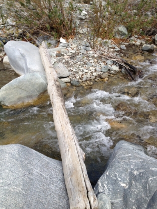 I would learn later in the day that there are two trails up this valley. One is not well defined and basically just goes up the river bed, crossing back and forth across the water many times. The other is above the river most of the way. The latter is a lot easier to follow, the former is a lot more fun. Here's a water crossing that puts your balance to the test.