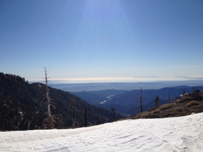 Standing on a snow bank looking out at Catalina and the Pacific Ocean. Pretty cool.