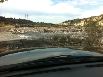 Almost back to the main road, dissapointed for having driven all the way out here and being turned back. I've never seen a drop of water here, and there's a pretty good flow going now. I came very close to just calling it a day at this point, but I was determined to see snow on top of Santiago! I didn't have my trail map with me (dumb), but I had the iPhone and was able to find an alternate route to the top. So, I was on my way to find the Joplin trailhead.
