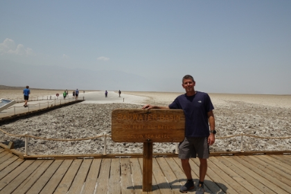 Next stop Badwater Basin, the lowest point in North America at 282 feet below sea level. It's also the start of the infamous Badwater Ultra that runs along the highway from here to Whitney Portal at 8,374' above sea level and 135 miles away! I had now officially established the first endpoint of my wannabee Badwater challenge.