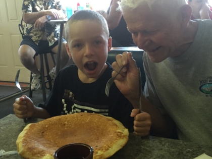 Breakfast in Great Falls. The biggest portions we've ever seen. Giant pancakes, omelettes, and cinnamon rolls.
