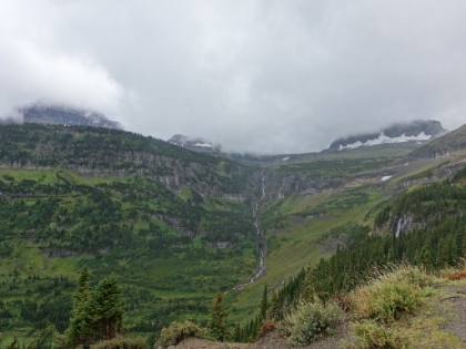 Driving further along Going to the Sun Highway. Even in the stormy weather, the views are amazing.