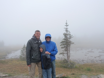 The only picture of all three of us from the trip. Here at a pond near Hidden Lake in the frigid conditions. Kyle got to put his new jacket to good use!