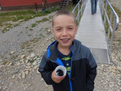 Purple teeth and a cupful of berries.