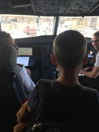 We took a look in the cockpit on the second leg of our flight, from Salt Lake City back home. The pilot invited Kyle to come on in.