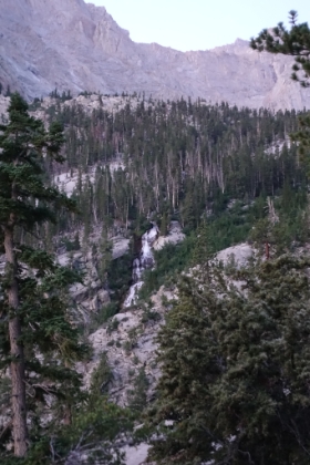 Heading up the canyon in the early morning light. First view of the impressive cascades of Lone Pine Creek.