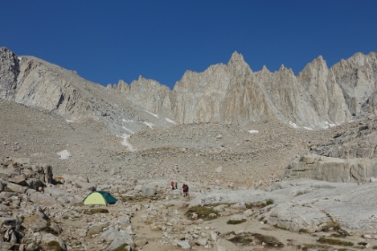 Made it to Trail Camp at 12,000'. Despite many, many summits of the local Southern CA mountains, this is officially the higest altitude I've been at in 15 years. Despite having had zero aclimation, I'm feeling pretty good. Not only did I not do a practice hike at altitude the day before, I didn't sleep at altitude at Whitney Portal the night before, and I was at the lowest point in North America the day before. I was very curious to see how the climb to 14,000' would go. The switchbacks is where the altitude really hit me the first time I was up here.