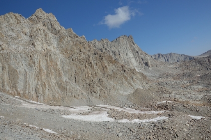 Trail Crest still looks so far above. My fast pace has really slowed now on the switchbacks. Aside from being just a little light-headed, I'm not feeling any typical symptoms of the altitude. Particularly none of the naseau that shut me down the first time. But my energy level is unquestionably lower than normal. I clearly did not plan my pace well for this section, and I'm starting to fall behind schedule. And the stress of having to summit by a deadline isn't helping any.