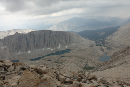 I got one last picture at around 12:20pm, and then all hell broke lose. Wow the storm moved in fast! The light rain turned into pounding rain, which turned into stinging hail. The thunder was right on top of us, and I watched a huge lighting streak hit granite on the ridgeline across the valley. I had to stow the camera away and didn't get another picture for almost 3 hours. Going down the switchbacks was miserable. It was slow going as the rock steps were just a stream of water. I had no heavy gear with me, just a wind shell, sweats, and my non-waterproof trail running shoes. I was soaked from head to toe, and with the temps in the low 40s, I was freezing. Since I wasn't generating much heat going downhill, I was starting to get worried that I was getting dangerously cold. I had intentionally packed light for speed and gambled on being off the ridge before the storm hit. I lost the gamble.