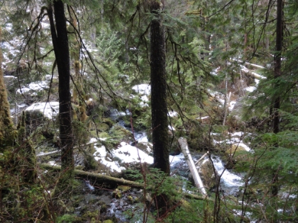 Looking down at the stream with patches of snow amongst the cascades.