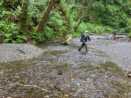 Almost to the coast. Dad crosses the creek just before it empties into the ocean. This area is accessible by tourists, so we see a lot more people here.