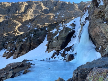 It took me a long time, pretty much crawling up the incline, trying to get traction off slight bits of exposed rock where I could, but I finally made it to Timberline Falls. Totally frozen and very cool looking. This is probably roaring in the Spring. But was the worst of the icy section over?