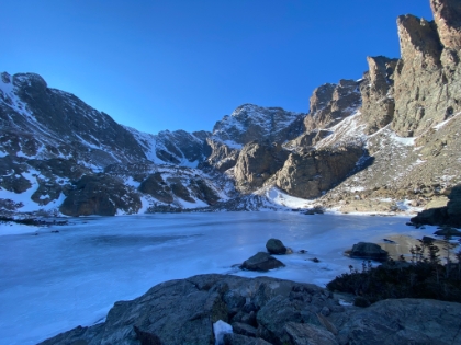 Sky Pond at just under 11,000'. Definitely on the short list of my all-time favorite spots. I'm sure the adrenaline rush from the sketchy trail to get here magnified the awe.