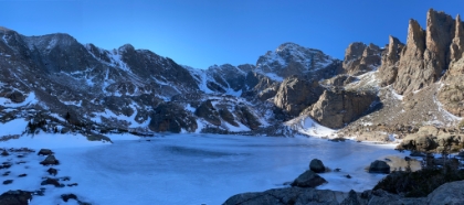 And a panorama. I was later told that it's normally impossible to stand here for long in the winter because of howling wind and sub-zero temps. Today it was definitely cold (probably in the teens), but not much wind, and I was able to hang out and enjoy the view for quite a while.