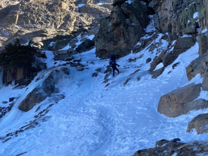 After a nerve wracking descent, I finally made it down. A couple others passed me heading up. Here they're just about to hit the very bottom of the icy section. At least they have spikes, I was the only one I saw all day without them.