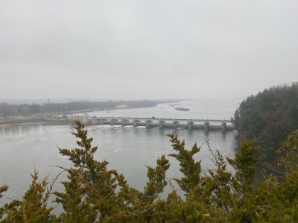 A look at the Starved Rock Lock and Dam from the top of Starved Rock. This is part of a series of seven locks that connect Lake Michigan and the Mississippi River.