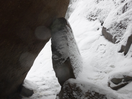 The overhang that provides shelter from the blasting ice water during a wet Spring trip up the Mist Trail. It's not needed today.