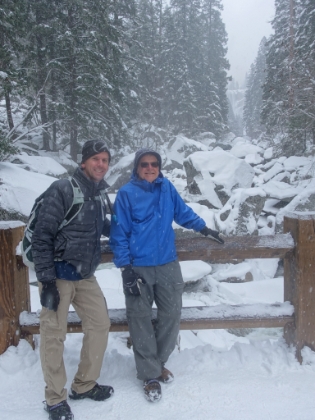 I made it back to my dad in about 40 minutes round trip. He wasn't too happy about the wait, but hopefully he'll forgive me! On our way back, Dad and I get one last picture at the bridge with Vernal Fall in the background.