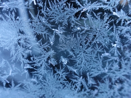 Frost on the car windows. It was 15 degrees and dry as we left Curry Village. Evidently good conditions for some fascinating ice crystals.