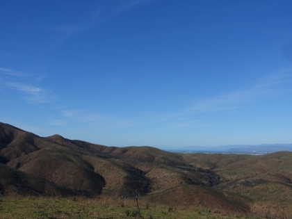 Rolling hills and distant ocean.